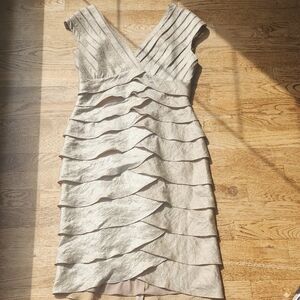 (4) Adrianna Papell Layered Gold Dress Formal Shimmer Ruffled Tiered Flattering